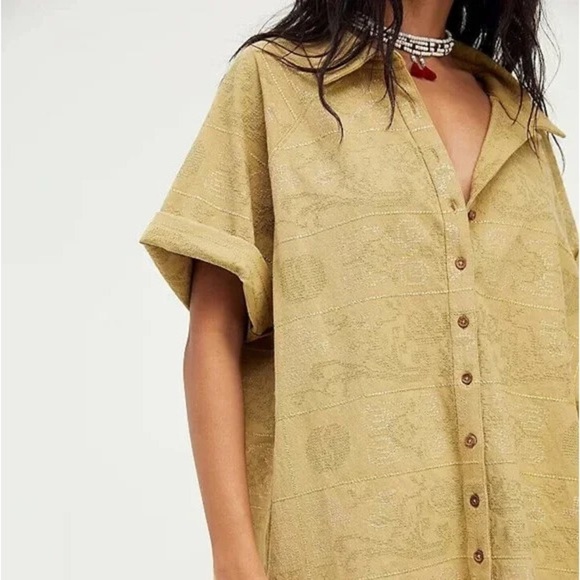 FREE PEOPLE Women's XS Yin To My Yang Tunic Top Button Down Shirt Dress Tan - Picture 16 of 16